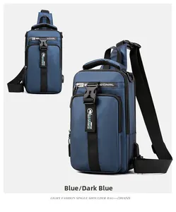 Detail view of water-resistant navy blue nylon crossbody bag with durable plastic buckle