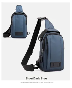 Détail du sac de poitrine en nylon bleu profond avec port USB et écussons en cuir élégants