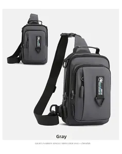 Detailed view of gray waterproof crossbody chest bag with adjustable strap and buckles
