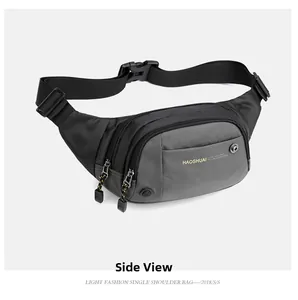 Side view of multi-compartment waterproof nylon sports waist bag in black and gray finish