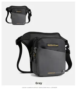 Macro detail of waterproof nylon fabric and multiple zippers on gray tactical leg bag