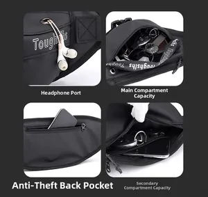 Detail of waterproof crossbody bag showing earphone hole and large capacity pockets