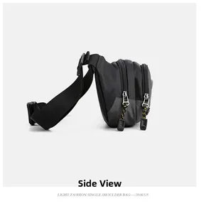Side view of waterproof nylon sports waist bag with dual zipper compartments and cord pulls