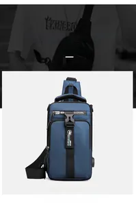 Front view of dark blue fashion chest bag with USB charging port and zipper pockets