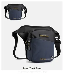 Detail of waterproof dark blue nylon waist bag with adjustable straps and buckles