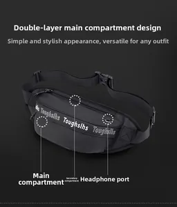 Detail of waterproof nylon waist bag showing dual zipper pockets and headphone port
