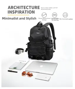 Detail of multi-functional black laptop backpack with adjustable straps and elastic cords