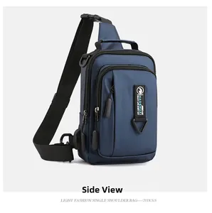 Side view of waterproof blue chest bag showing durable fabric and functional USB port