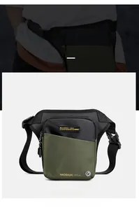 Detail of army green tactical leg bag featuring durable buckle and adjustable strap