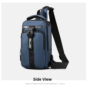 Side view of dark blue nylon men's sling bag with side buckles and textured fabric detail