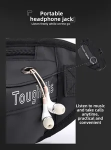 Detail of waterproof nylon waist bag featuring a reinforced metal earphone output hole