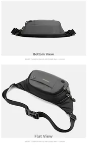 Flat lay and bottom detail of waterproof nylon sports waist bag with adjustable strap