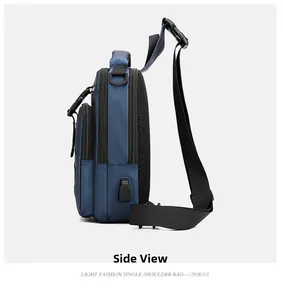 Side view of blue crossbody bag featuring USB charging port and breathable mesh padding