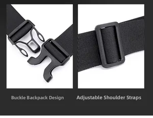 Detail of the adjustable shoulder strap and plastic buckle on the black nylon waist bag