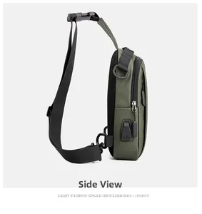 Vue latérale du sac de poitrine en nylon vert armée avec port de charge USB et zip