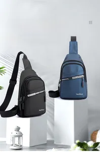 Detail view of water-resistant nylon sling bags with smooth zippers and brand logo