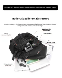 Detail view of tactical backpack with multiple compartments and outdoor travel gear