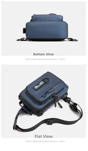 Detail view of the waterproof navy blue chest bag with a built-in USB charging port