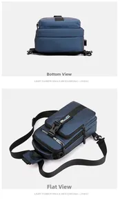 Detail view of the durable navy blue nylon bag base and flat lay structure for men