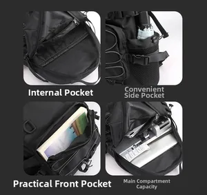 Detail of multi-pocket interior with laptop compartment and side mesh storage