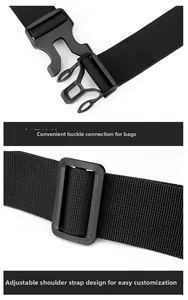 Detail of adjustable nylon strap with black plastic buckle and slider for outdoor waist bag