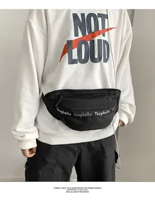 Detail of waterproof nylon waist bag with adjustable strap and brand logo branding