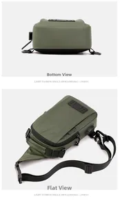 Détail du sac de poitrine en nylon vert armée avec port de charge USB et boucle robuste