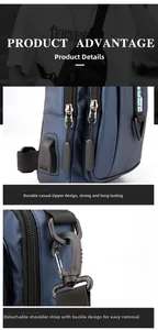 Detail view of water-resistant navy sling bag featuring USB port and detachable shoulder strap