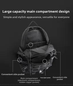 Detail view of the multi-compartment interior and waterproof nylon fabric of the black backpack