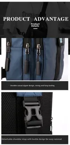 Detail of durable dual zippers and plastic buckle on navy blue cross-body chest bag