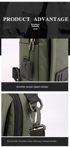 Détail du tissu en nylon imperméable, fermetures éclair et sangle à boucle réglable