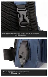 Detail of USB charging port and detachable shoulder strap buckle on waterproof chest bag