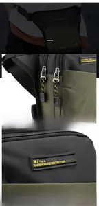 Detail of waterproof zippers and rubber brand logo on the outdoor tactical waist bag