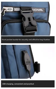 Detail of anti-theft buckle and external USB charging port on blue nylon chest bag