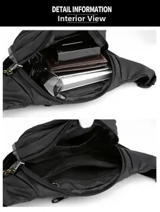 Detail view of the interior compartments of a black waterproof nylon sports waist bag