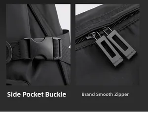 Detail of adjustable side buckle and branded smooth zippers on a black nylon backpack