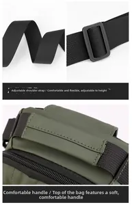 Détails de la bandoulière réglable en nylon noir et de la poignée du sac vert foncé