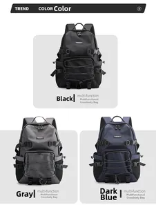 Front detail of waterproof outdoor functional backpacks in black, grey and dark blue