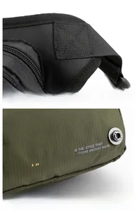 Detail of waterproof olive green tactical bag with reinforced stitching and logo print