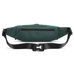 Outdoor sport waist bag in dark green waterproof fabric with adjustable strap and buckle