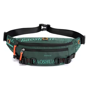Outdoor sports waist bag in dark green waterproof fabric with orange zipper details