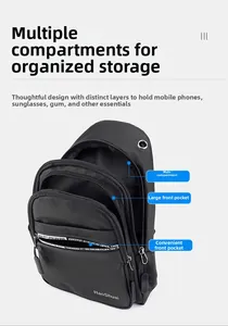Detail view of black functional crossbody chest bag with multiple zipper compartments