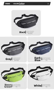 Detailed grid view of waterproof nylon waist bags in five different sporty colors