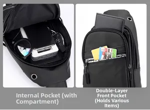 Internal view of men's cross body bag showing organized storage compartments and pockets