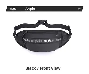 Front view of black waterproof fanny pack with white lettering and adjustable buckle