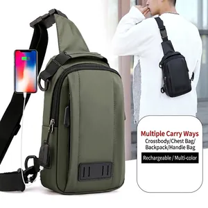 Sac de poitrine étanche en nylon pour hommes avec port de charge USB, vert armée et noir