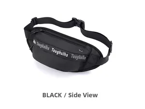 Detail view of black waterproof nylon waist bag with Toughslhs lettering and adjustable strap
