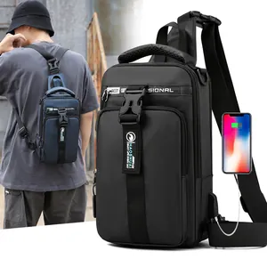 Men Waterproof Nylon Chest Bag Multi-functional USB Charging Port Crossbody Bag Large Capacity Sporty Sling Bag Casual Travel Messenger Bag