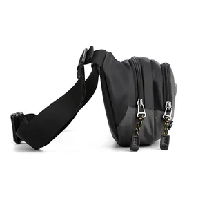 Waterproof nylon sports waist bag with dual zipper compartments and adjustable strap