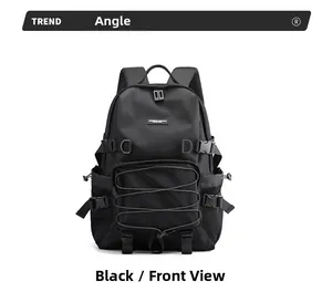 Front view of a black nylon multifunctional backpack with decorative elastic cords and straps